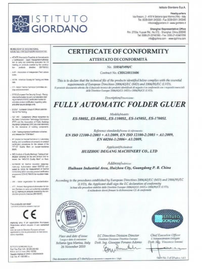FULY AUTOMATIC FOLDER GLUER    CE Certificate