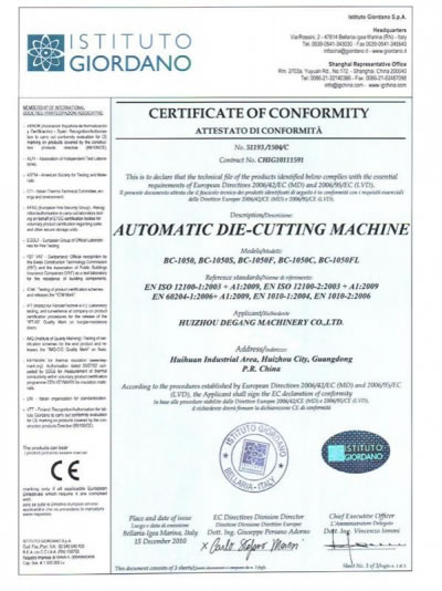 AUTOMATIC DIE-CUTTING MACHINE   CE Certificate