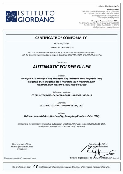 AUTOMATIC FOLDER GLUER     CE Certificate