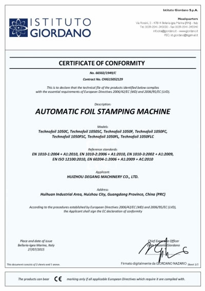 AUTOMATIC FOIL STAMPING MACHINE   CE Certificate